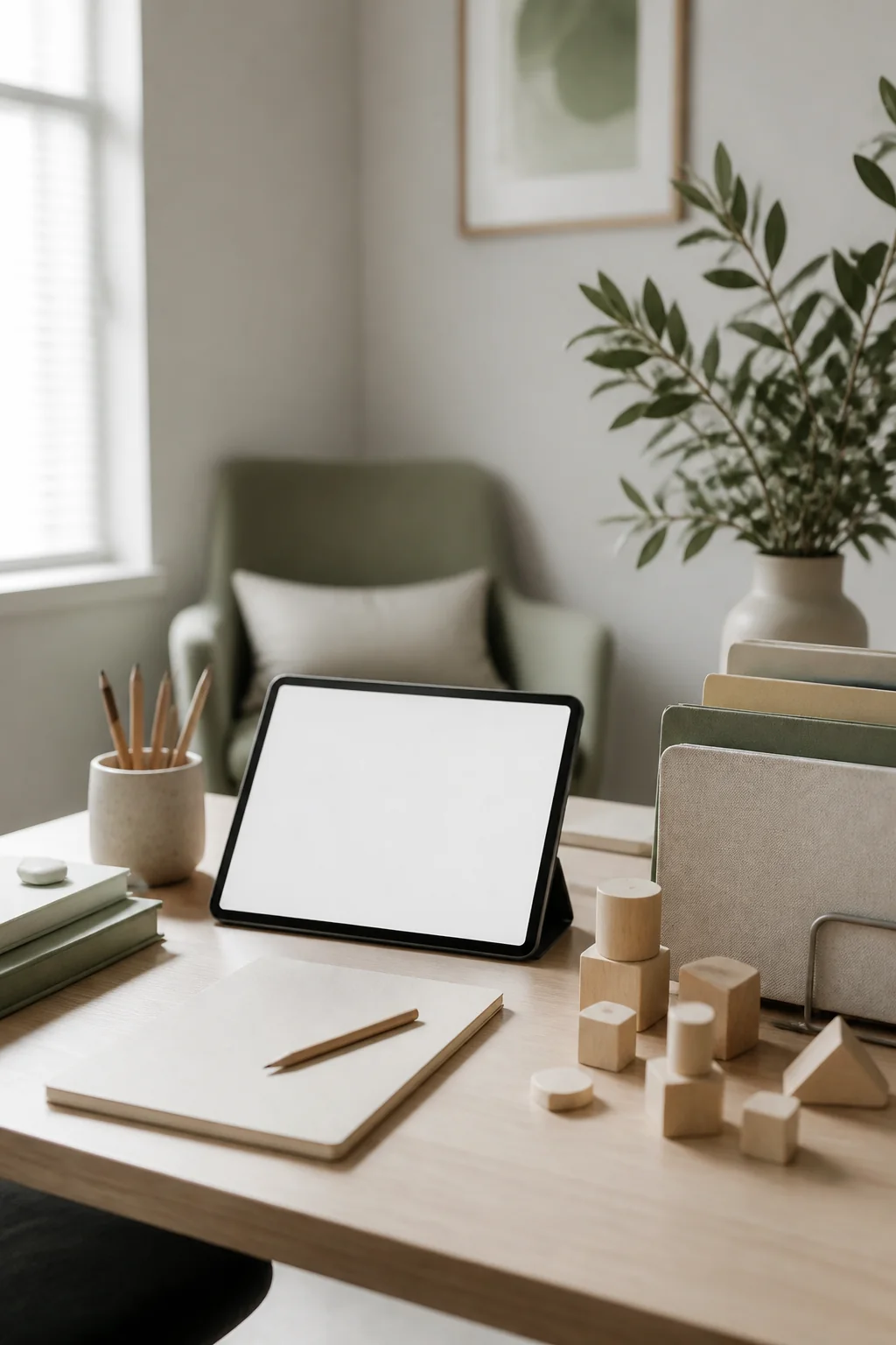 A calm psychological assessment workspace with neutral materials and greenery