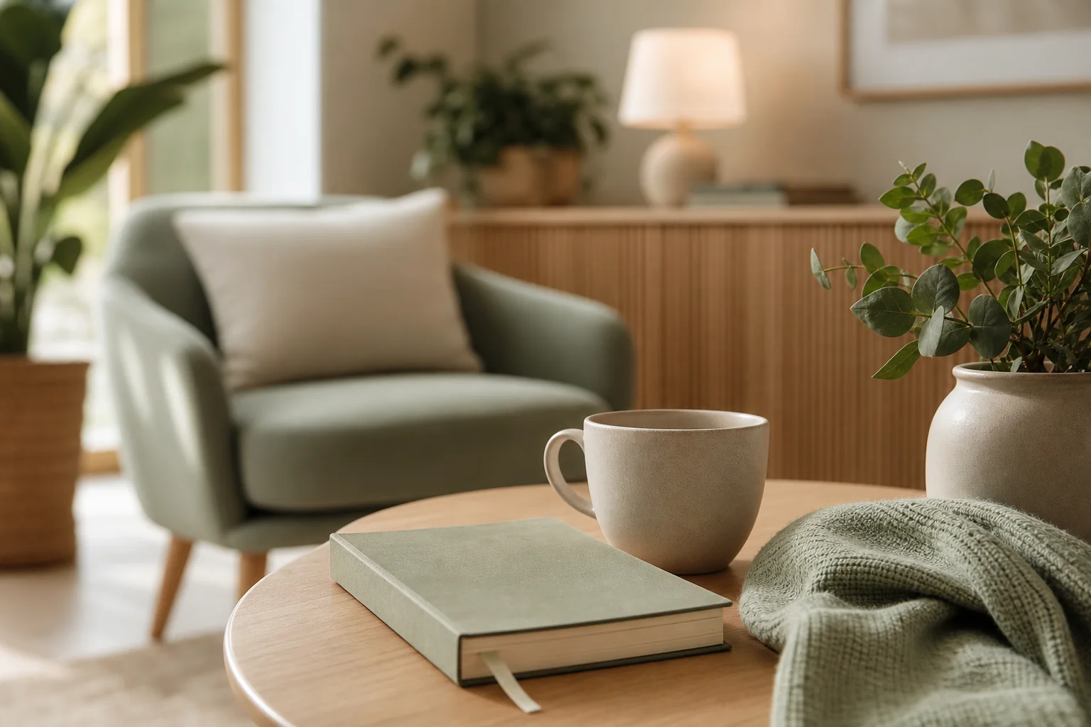 A quiet waiting area detail with a notebook, mug, soft throw and plant leaves