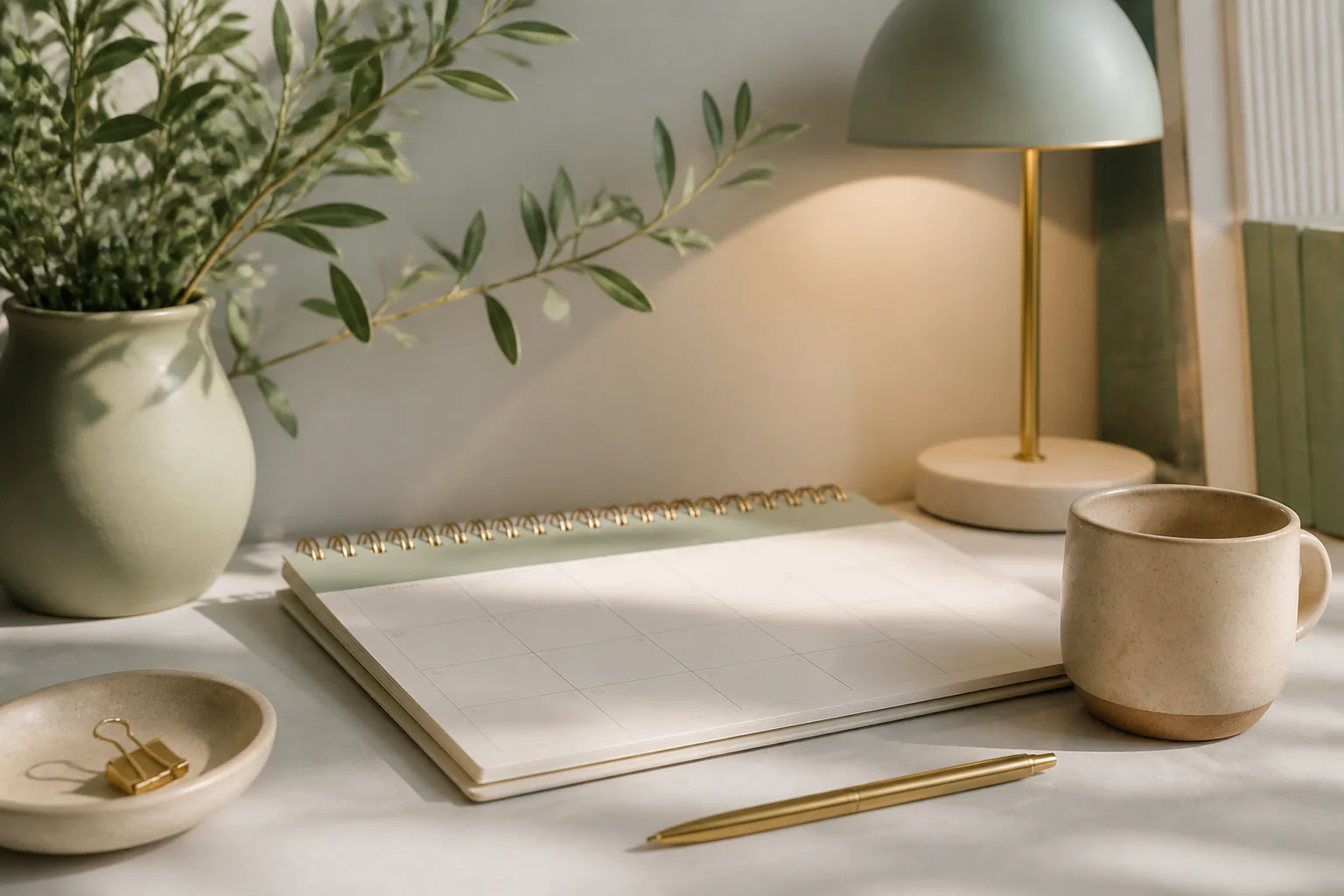 A calm appointment planning desk with a calendar, pen and greenery